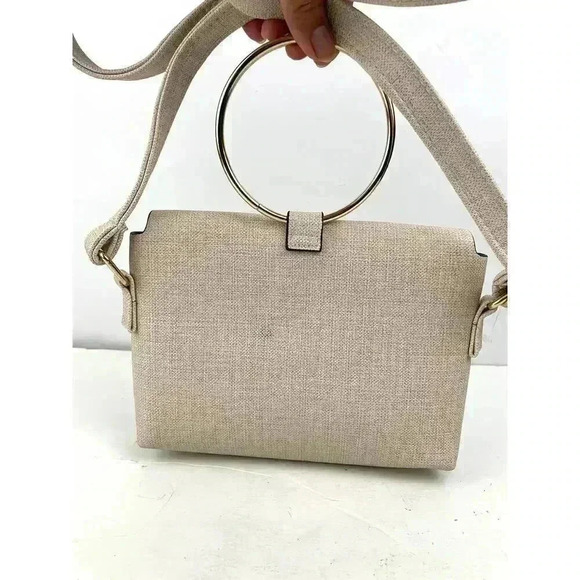 Beige Shoulder Bag Gold Round Handle Crossbody Purse - Handbag Gold Hardware - Picture 9 of 13